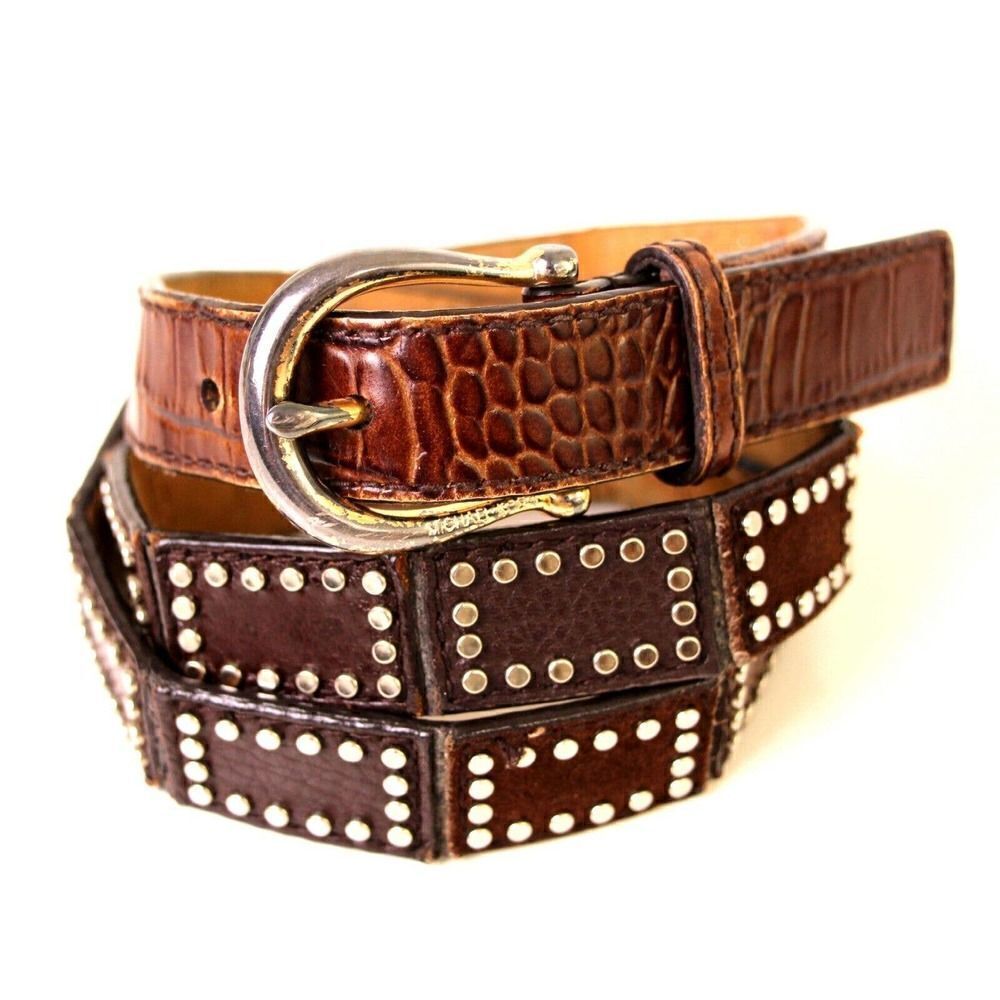 Michael Kors STUDS CROCO BROWN GENUINE LEATHER 1"Wd CASUAL WOMEN'S BELT Sz M (R9